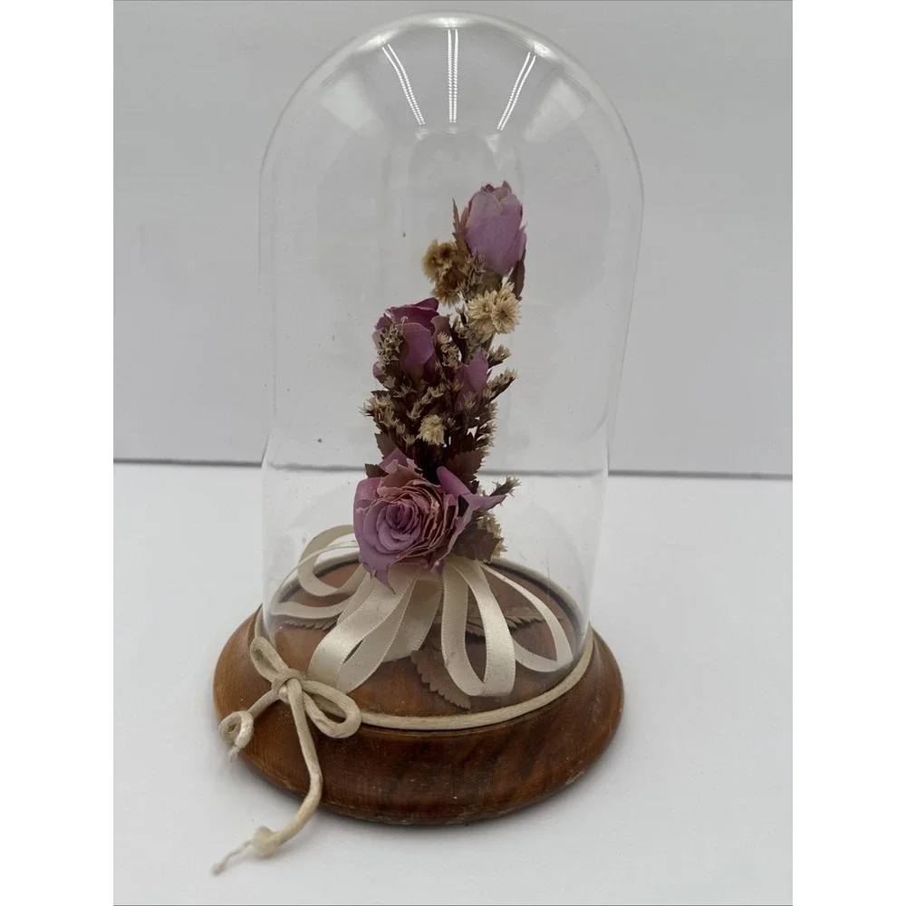 Vintage Dried Rose Flowers Under Glass Dome Wood Base